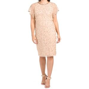 Adrianna Papell Champagne Gold Flutter Sleeve Beaded Dress Size 10